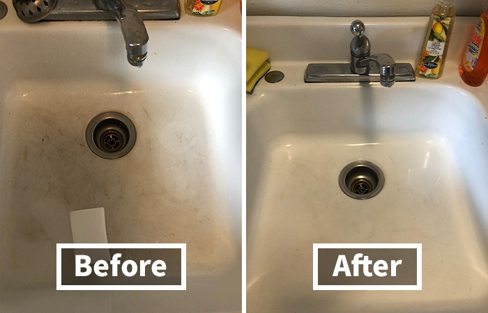 Before and after image of a cleaned sink, showcasing the remarkable transformation.