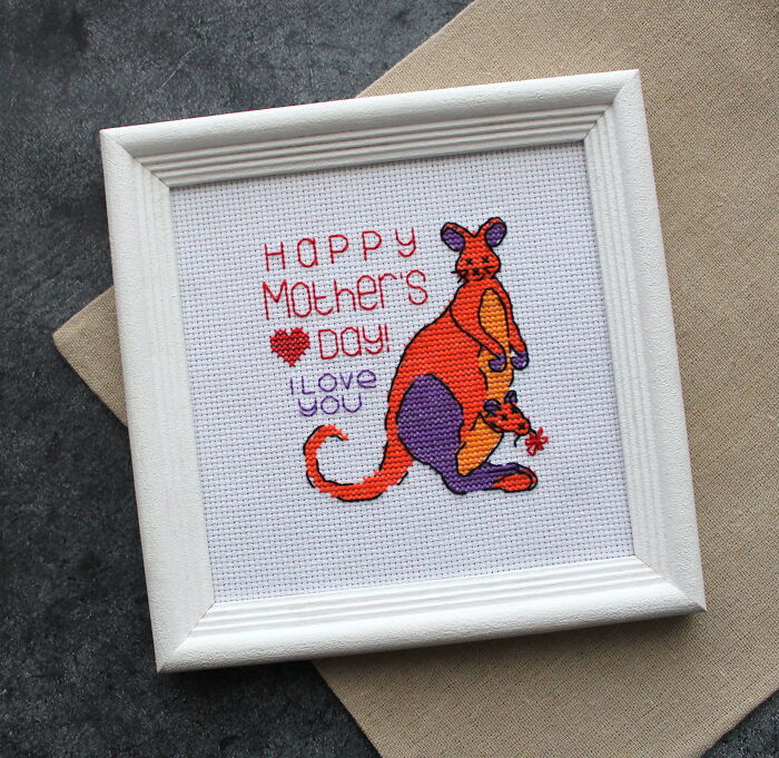Kangaroo-themed digital cross stitch pattern with "Happy Mother's Day! I Love You" text in a white frame.