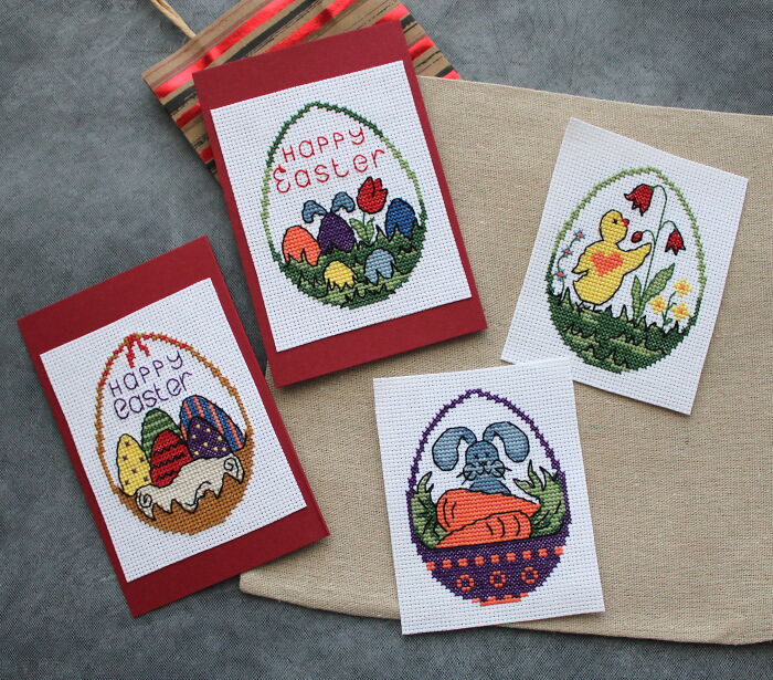 Easter-themed cross stitch patterns featuring eggs, flowers, and animals by a digital pattern designer.