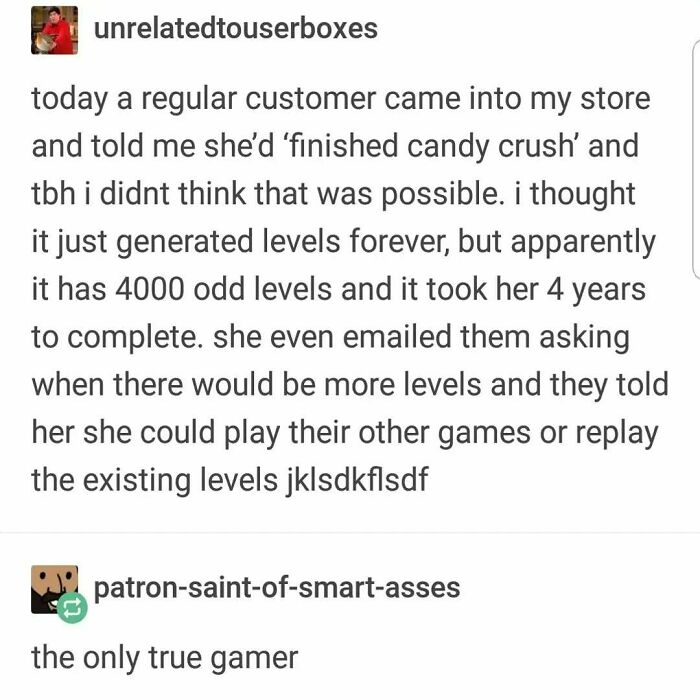 Text exchange about completing Candy Crush, highlighting a funny, unexpected scenario on Tumblr.