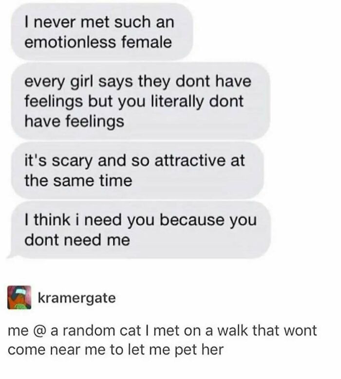 Funny post depicting a text conversation with humorous commentary about emotions and cats from Tumblr.