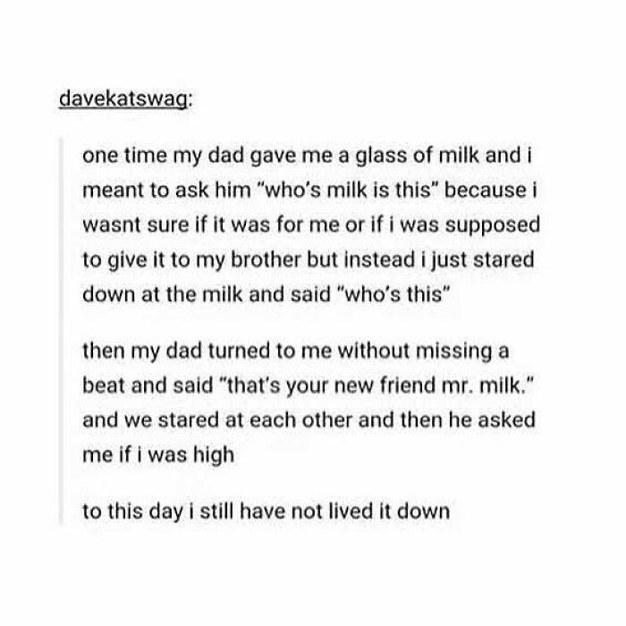 Funny Tumblr post about a dad jokingly introducing milk as "Mr. Milk" leading to a humorous exchange.