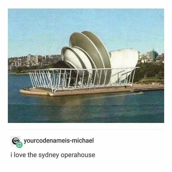 Sydney Opera House with a humorous snail filter overlay, showcasing the funny side of Tumblr.