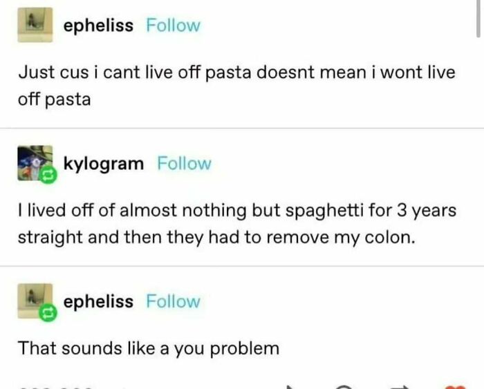 Tumblr post humorously discussing the consequences of a spaghetti diet, highlighting the funny and ugly side.