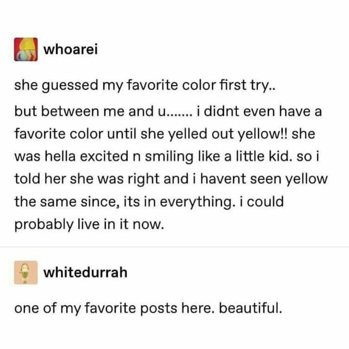 Tumblr post humorously discussing a newfound love for yellow, highlighting its funny and relatable side.