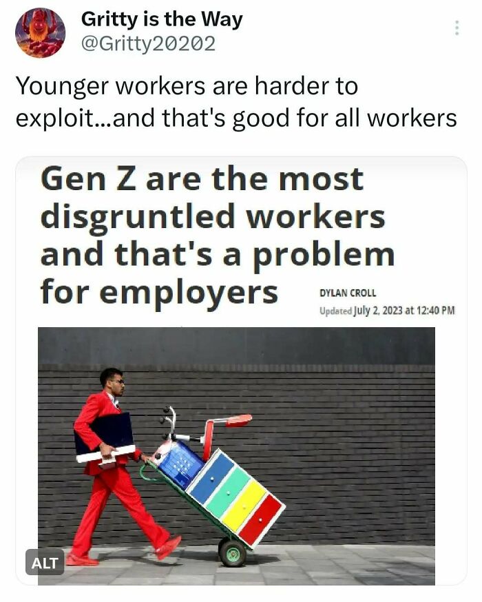 Man in a red suit pushes a colorful hand truck, referencing anti-capitalism themes on Gen Z workforce issues.