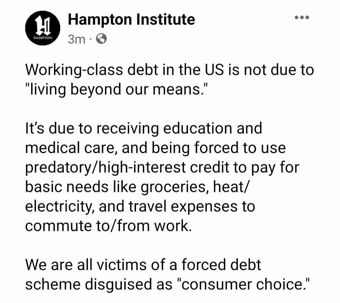 Text from the Hampton Institute critiquing capitalism and working-class debt in the US.
