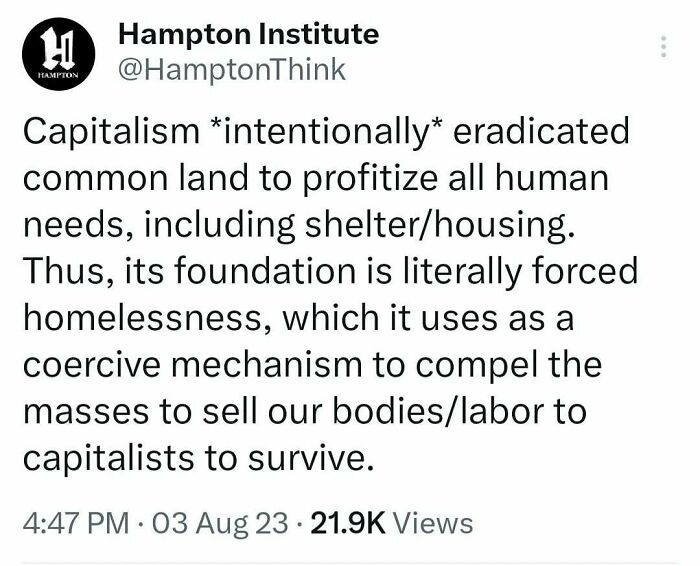 Anti-capitalism post by Hampton Institute critiquing capitalism's role in homelessness and labor exploitation.