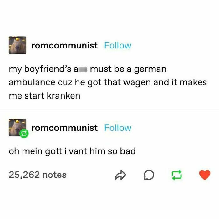 Funny Tumblr post about a boyfriend compared to a German ambulance with humorous language.
