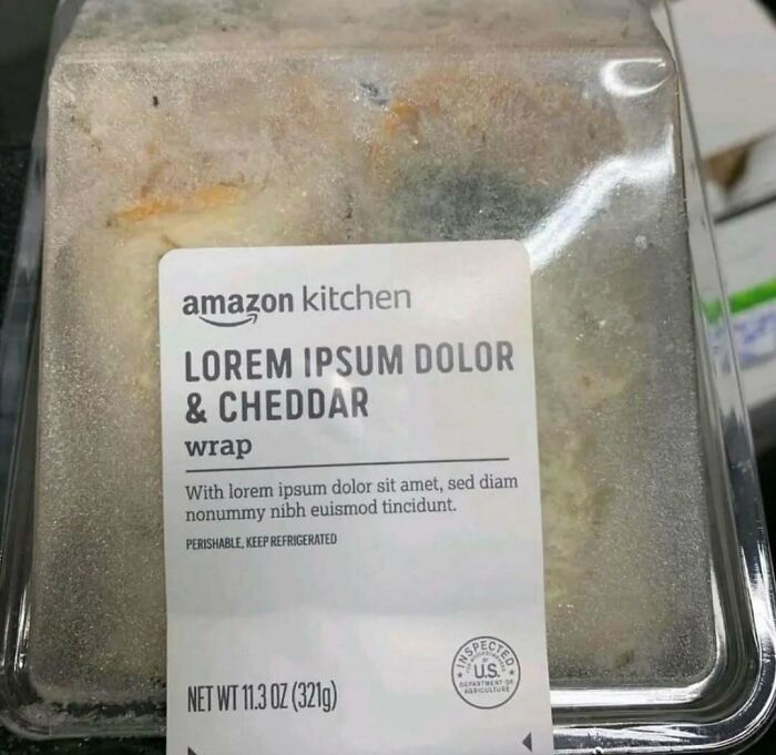 Package design fail with a placeholder text label on a frozen food container.