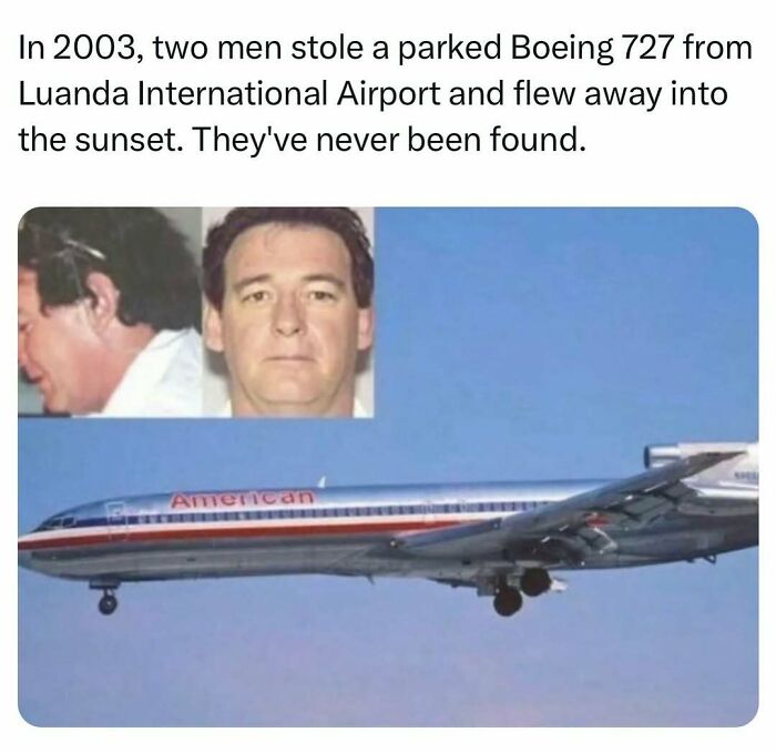 Boeing 727 in flight with portrait of man, linked to historical theft from 2003.