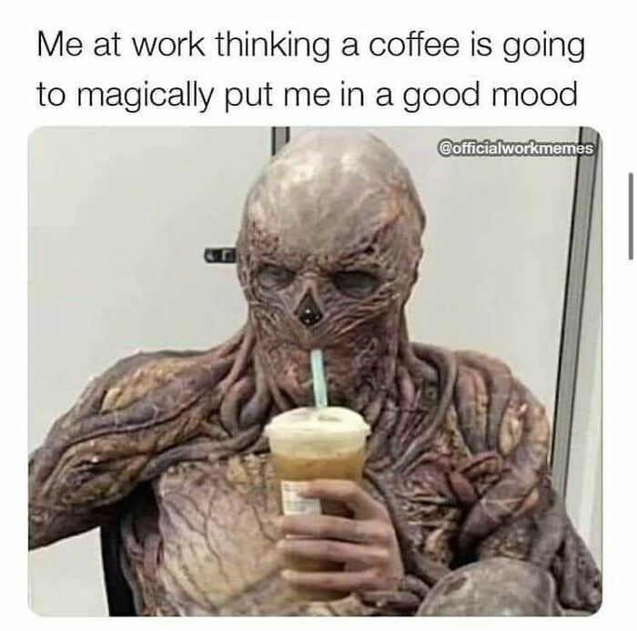 Humorous Resources meme of a creature in a chair holding a cold coffee with a straw, representing mood improvement at work.
