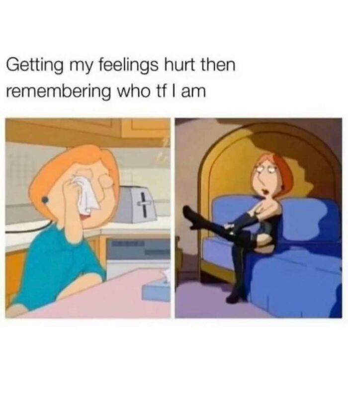 Cartoon character wiping tears then confidently sitting on a bed, illustrating memes about women behaving.