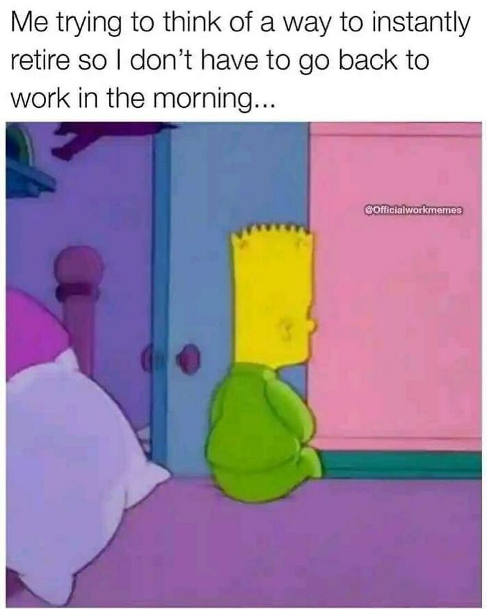 Cartoon character sitting by door, humorously pondering retirement instead of working.