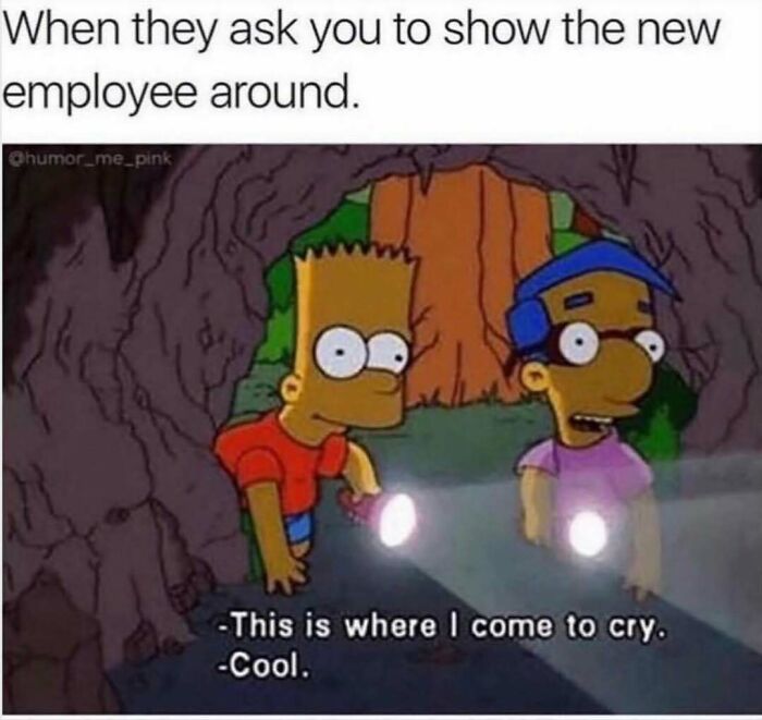Bart and Milhouse exploring a cave with flashlights, illustrating funny and relatable workforce memes.