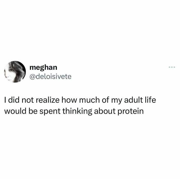 Tweet about adult life humorously focused on protein, showcasing hilariously random memes.