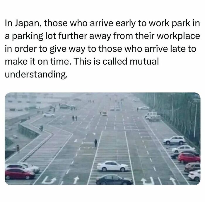 A hilariously random meme about early arrivals parking further away for latecomers in Japan.