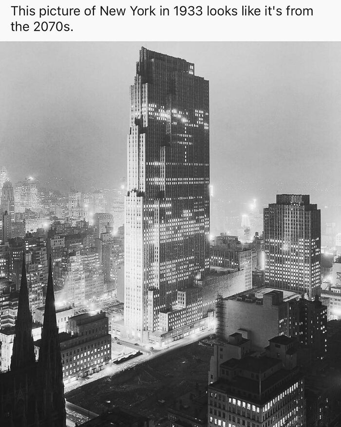 Black and white photo of 1933 New York skyscraper, capturing preserved historical architecture.