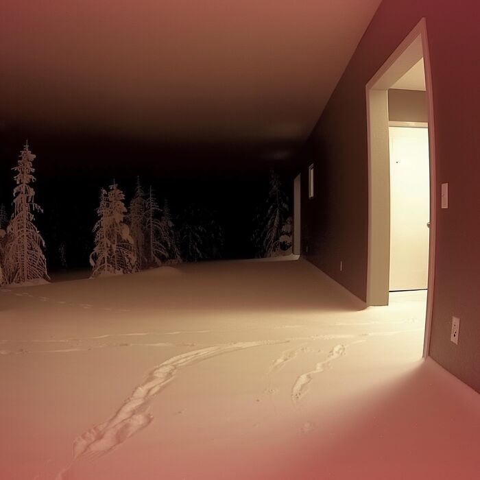 Dimly lit liminal space with snow on the floor leading to a dark forest, creating an eerie atmosphere.