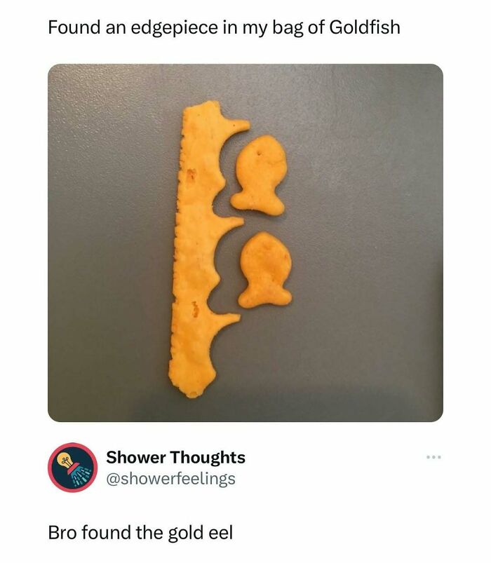 Random meme showing a unique Goldfish cracker with an edge piece next to regular crackers on a table.