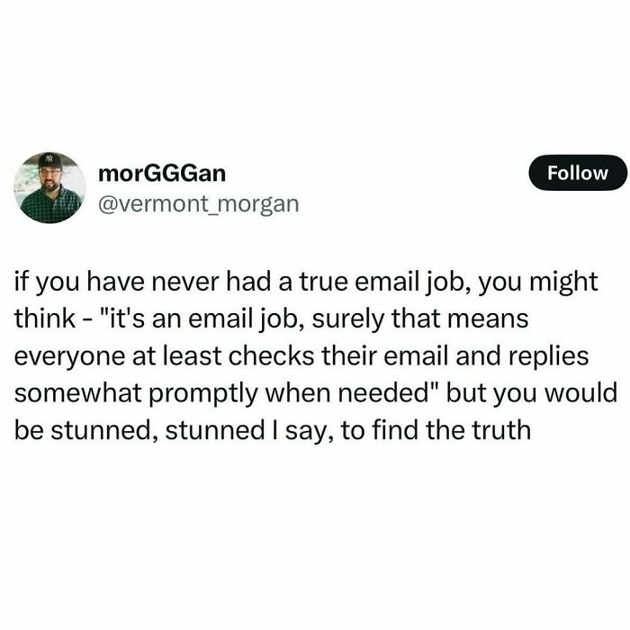 Humorous Resources meme about the reality of email jobs, shared by user @vermont_morgan.
