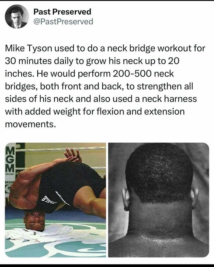 "Mike Tyson performing neck bridge exercises, demonstrating historical workout practices, focusing on neck strength."