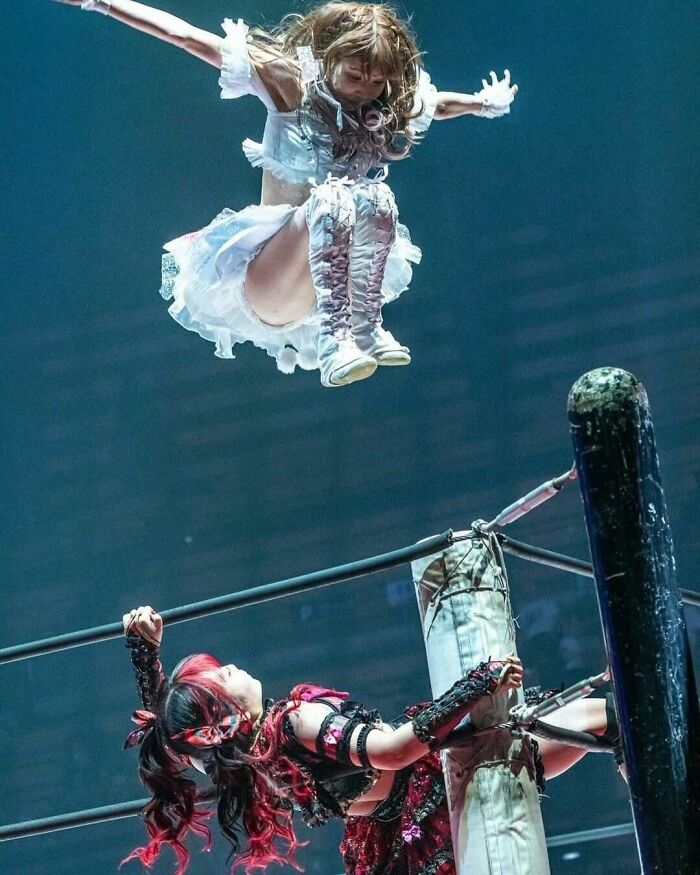 Wrestler in mid-air dressed in a frilly outfit, jumping towards an opponent on the ropes; the internet is a strange place indeed.