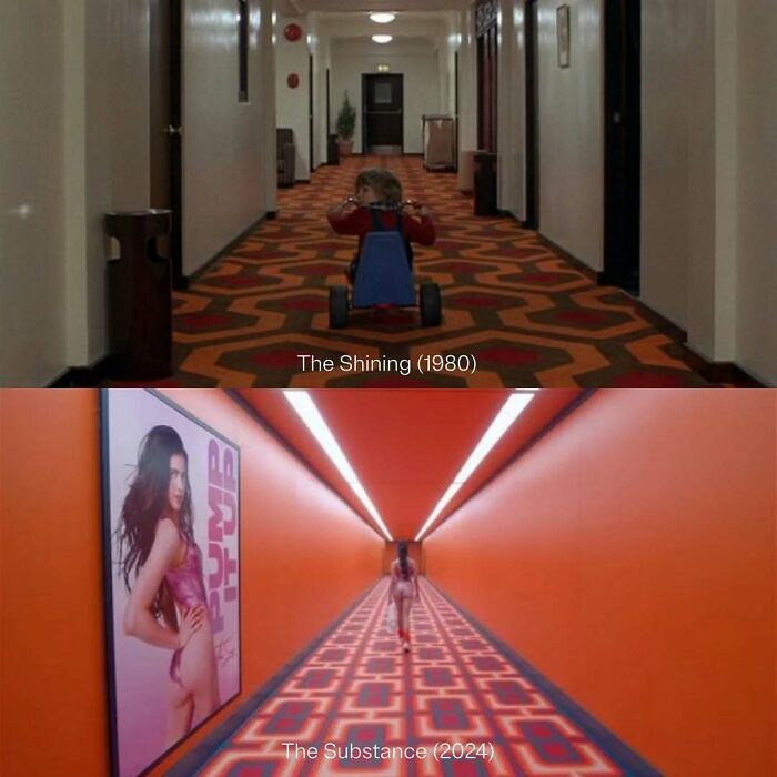 Two hallway scenes comparing "The Shining" and "The Substance," highlighting the strange world of the internet.