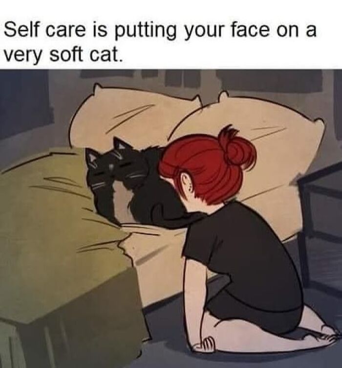Cartoon shows a person resting their face on a soft black cat, illustrating humorous cat self-care.