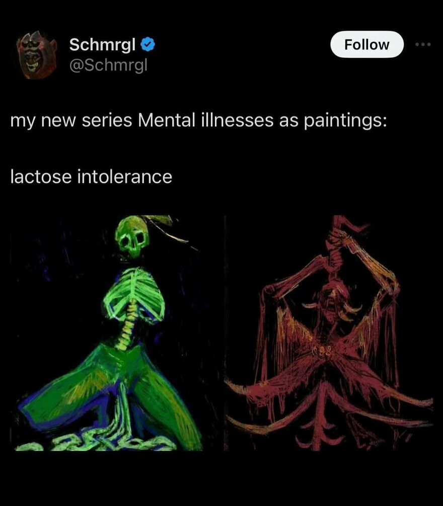 Funny meme depicting skeleton art titled "lactose intolerance" in vibrant colors.