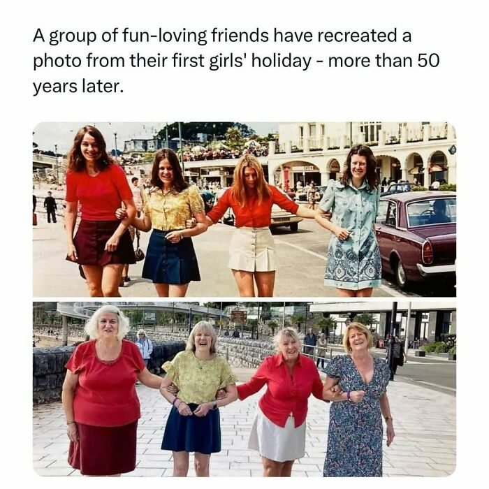 Older and modern photos of four friends recreating joyful memories from a girls' holiday over 50 years apart.