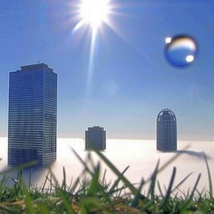 Skyscrapers emerging from fog in a liminal space under a bright sun with grass in the foreground.