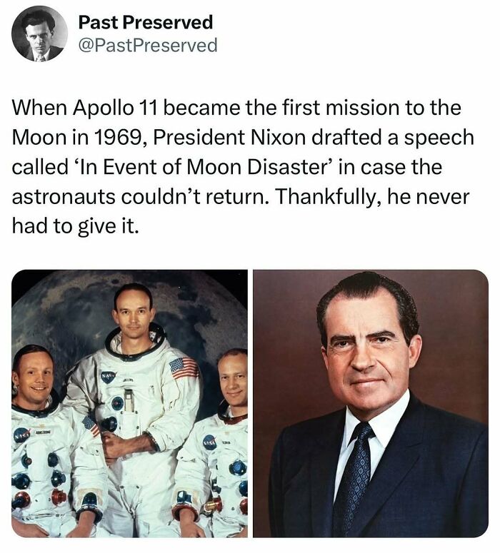 Apollo 11 astronauts and Richard Nixon, highlighting a notable historical fact from "Past Preserved."