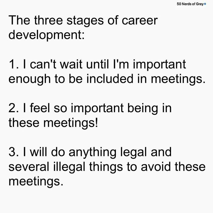 Text joke about career stages: eager for meetings, feeling important in them, and avoiding them.