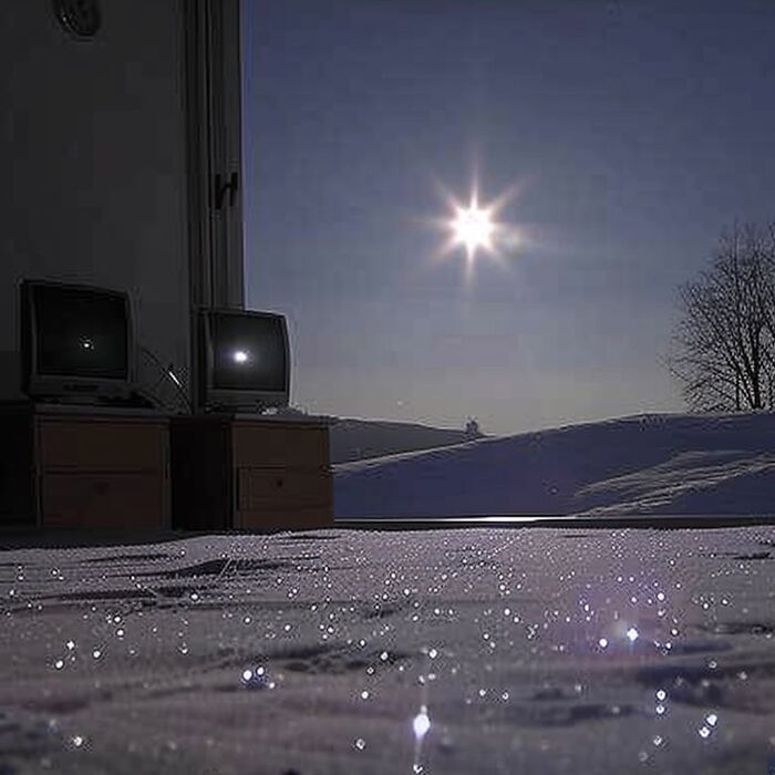 Darkened room with old TVs, snowy landscape outside under a bright sky, representing eerie liminal spaces.