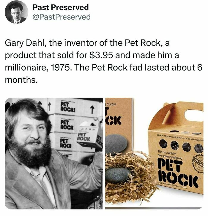 Man with Pet Rock boxes, 1970s; iconic historical fad product in packaging next to him.