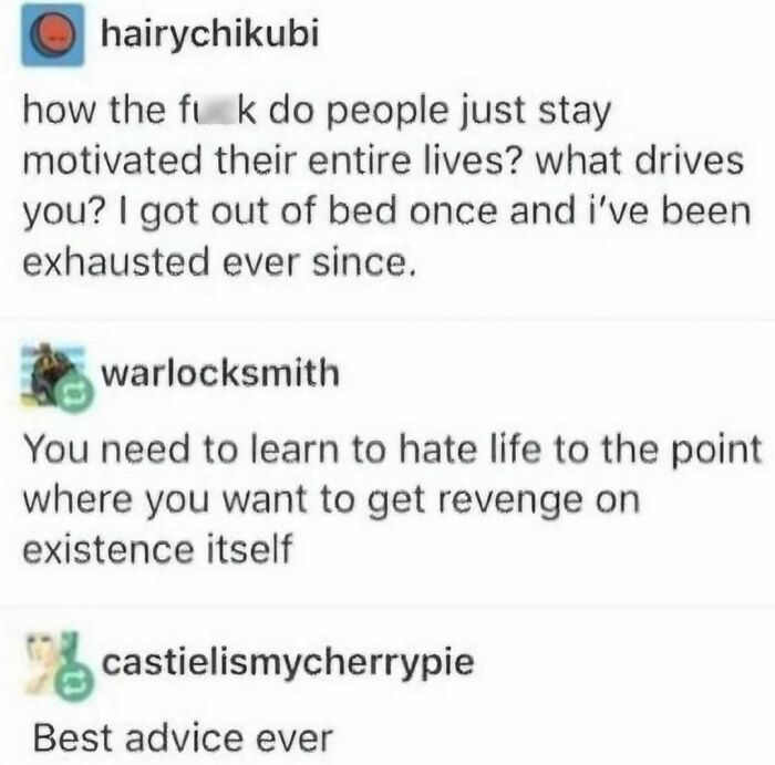 Tumblr post humorously discussing life's motivation and exhaustion.