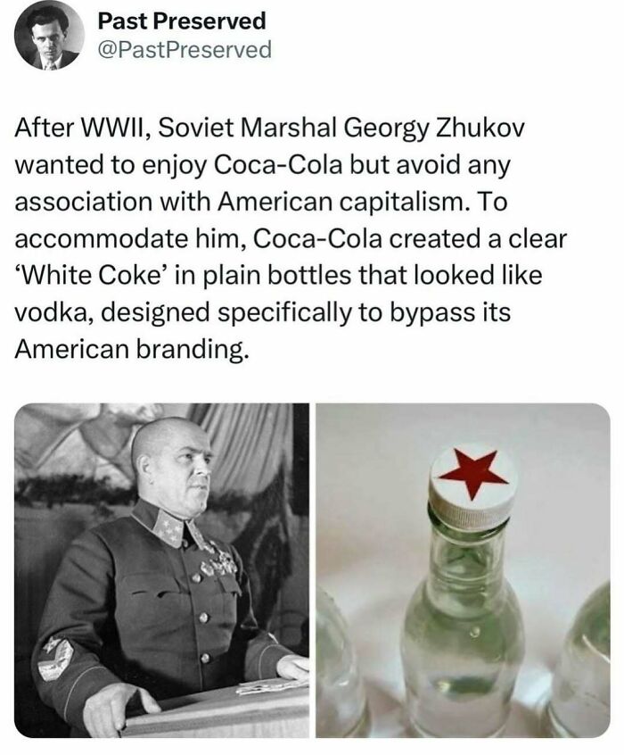"Georgy Zhukov in uniform beside a clear 'White Coke' bottle with red star cap, showcasing historical facts."
