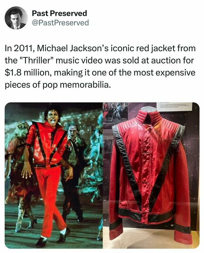 Michael Jackson's iconic "Thriller" red jacket displayed, showcasing interesting historical facts from pop culture.