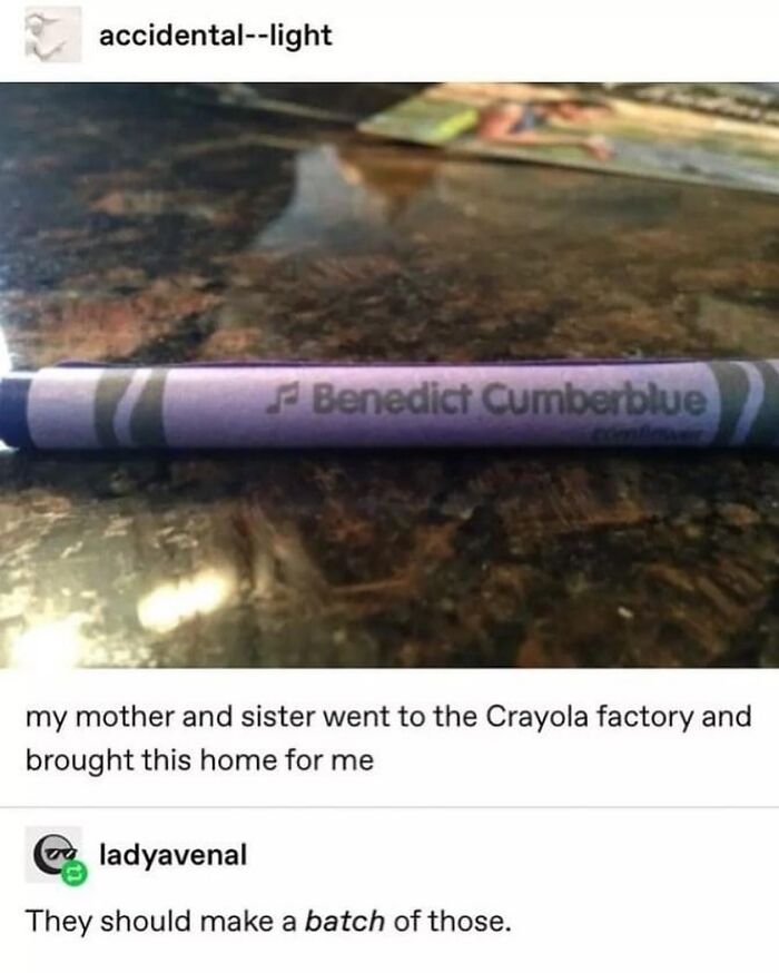 Crayon labeled "Benedict Cumberblue" from a Tumblr post, highlighting Tumblr’s funny side.