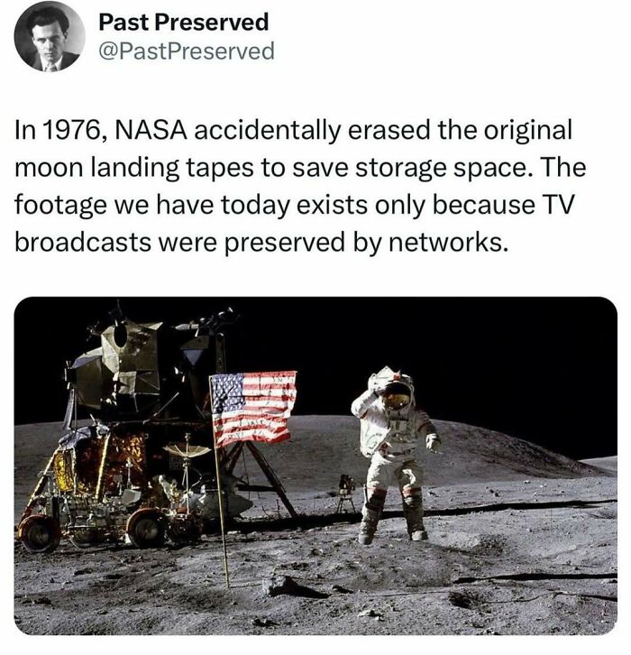 Astronaut on the moon with a lunar module and flag, highlighting preserved TV broadcasts of historical moon landing.