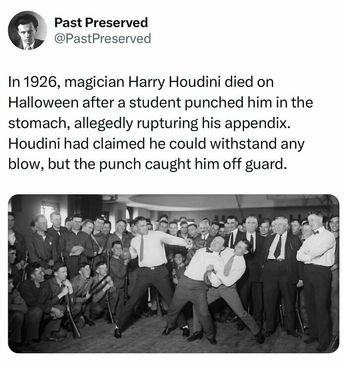 "Historical photo of Houdini being punched, surrounded by a crowd, illustrating a famous event in 1926."