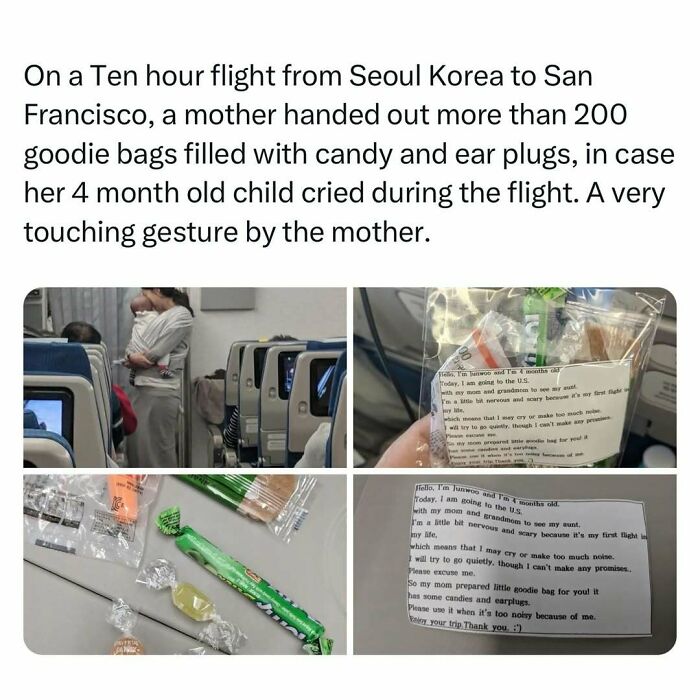 Heartwarming meme showing a mother's gesture with goodie bags for flight passengers to bring joy.