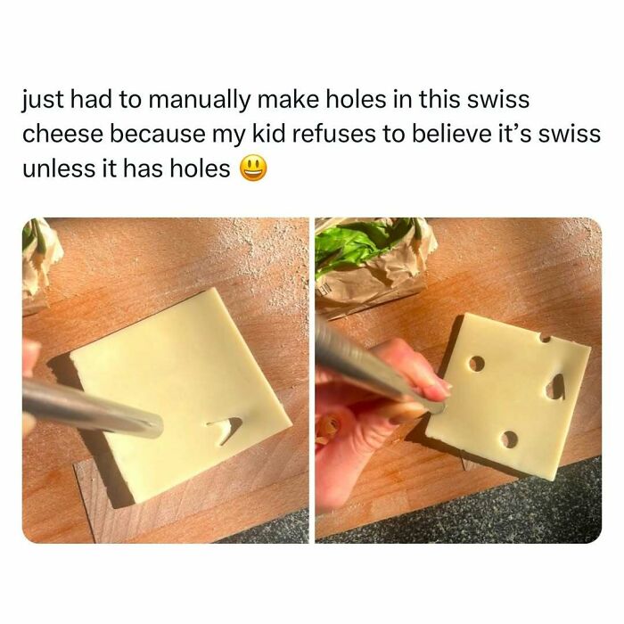Hand using a tool to create holes in Swiss cheese, bringing a little joy with a humorous touch.