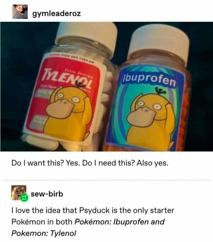 Psyduck on medicine bottles in a humorous Tumblr post, illustrating the funny side of online humor.
