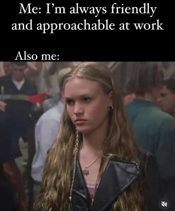 Meme showing a person claiming to be friendly at work, yet looking serious, highlighting relatable workforce humor.