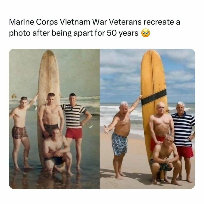 Marine veterans recreate old beach photo with surfboard, spreading joy decades later.