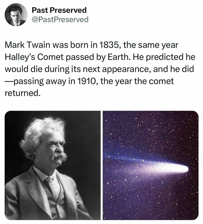 Mark Twain and Halley's Comet depicted, highlighting an interesting historical fact linked to his birth and death.