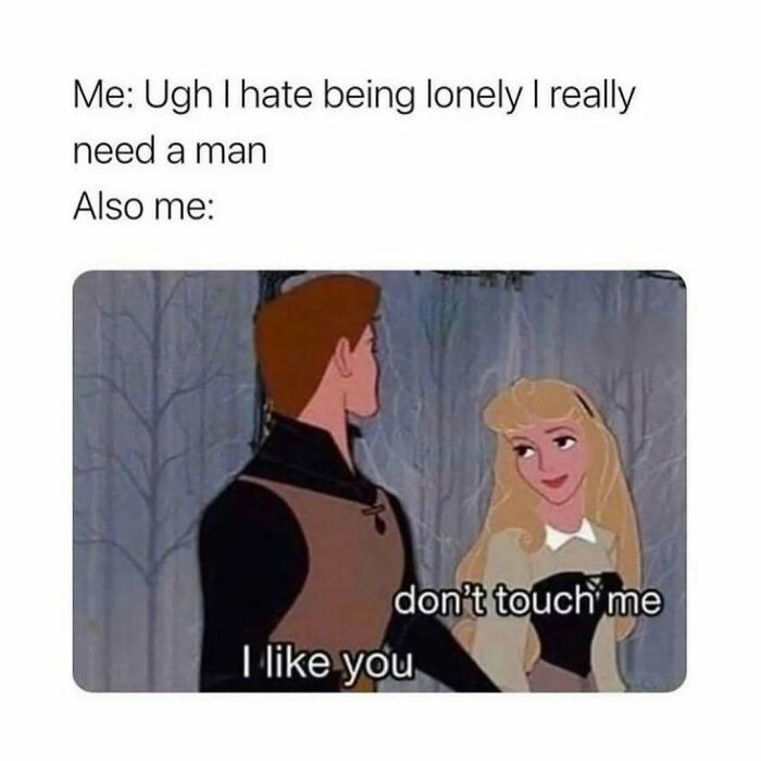 Cartoon couple with text overlay: "don't touch me, I like you," from Women Behaving Badly memes.