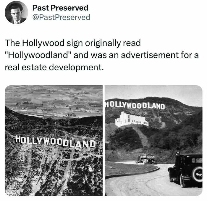 Historical photo of the original "Hollywoodland" sign on the hillside, with vintage cars and landscape in the foreground.